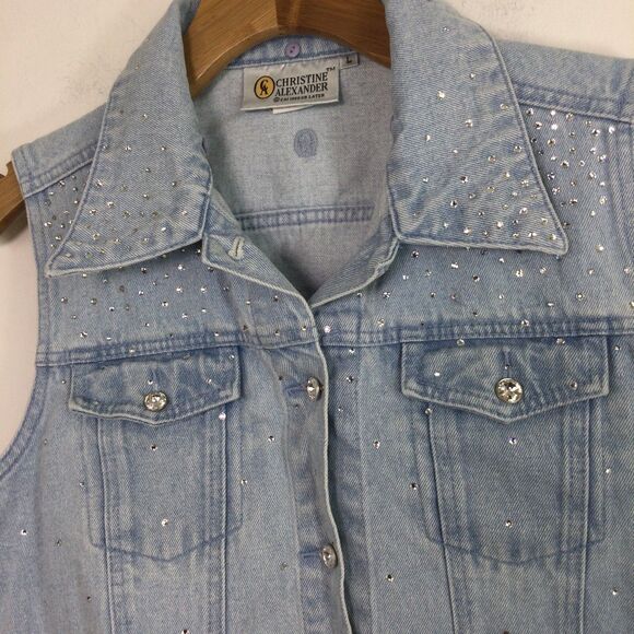 Christine Alexander Rhinestone Embellished Light Wash Denim Vest Light Blue L - Picture 2 of 12